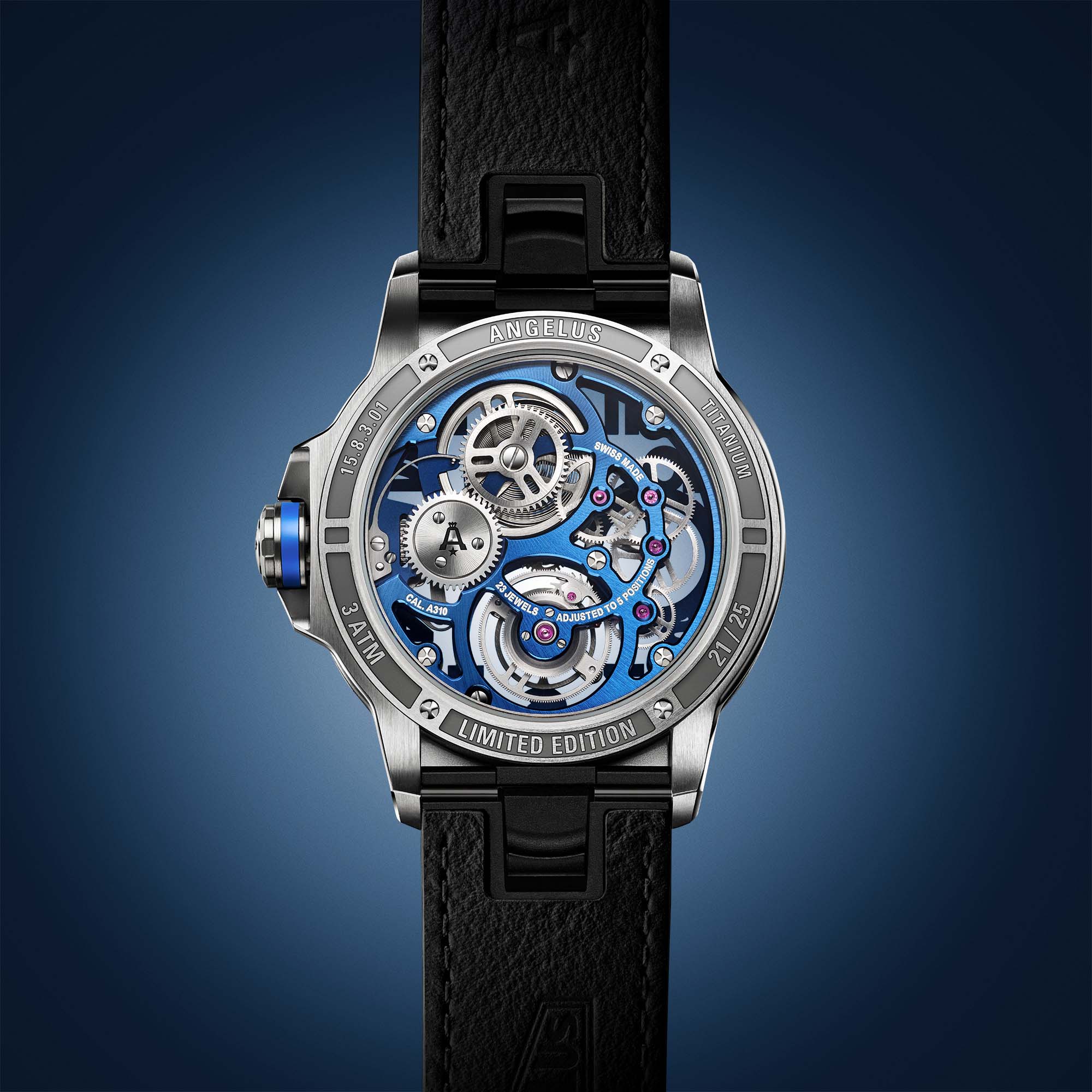 Angelus Flying Tourbillon Blue is a bold limited edition of 25 pieces, showcasing openworked mechanics, vivid blue tones, and haute horlogerie design.