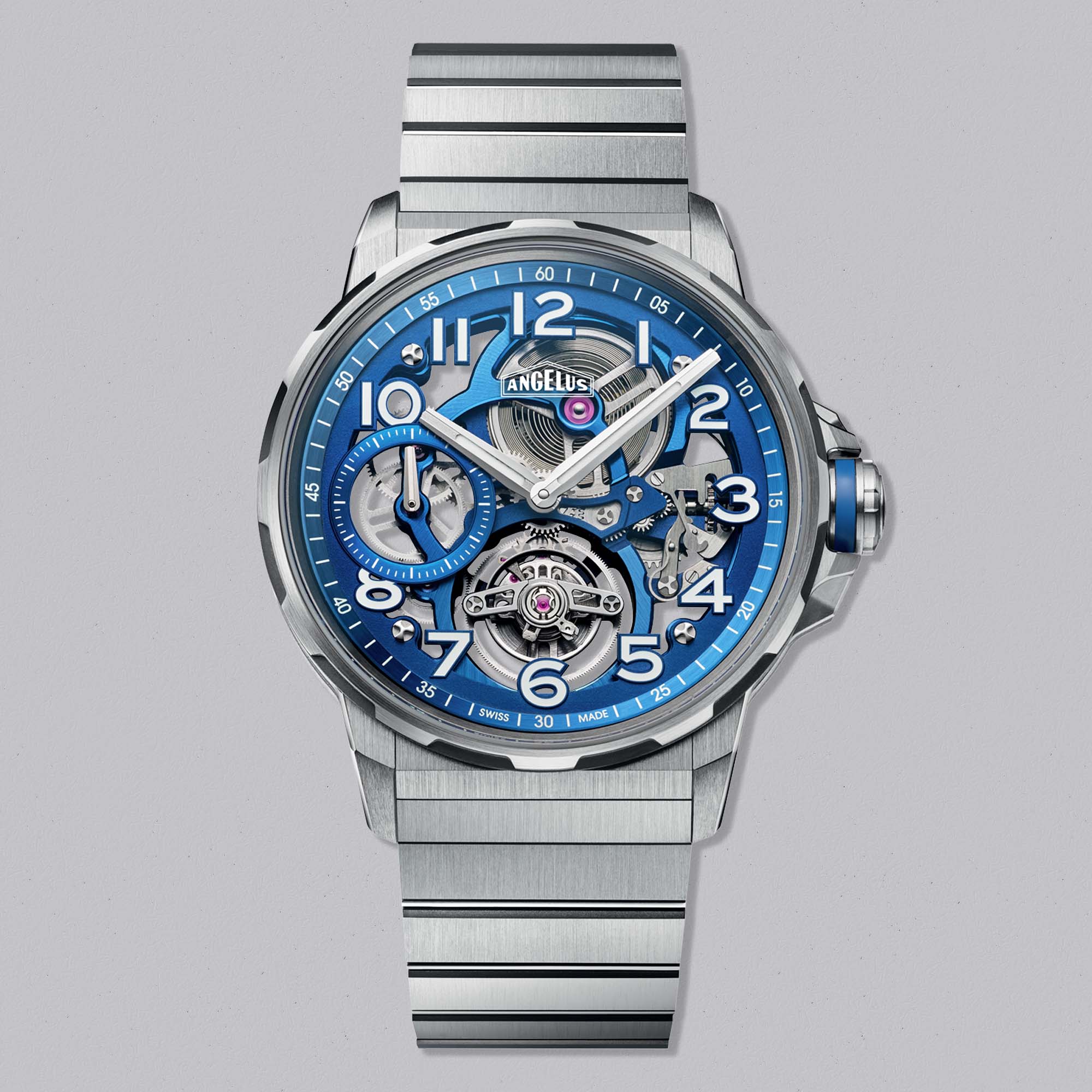 Discover the Angelus Flying Tourbillon Blue — a limited edition of 25, featuring an ultra-light case, flying tourbillon, and striking blue skeleton dial.