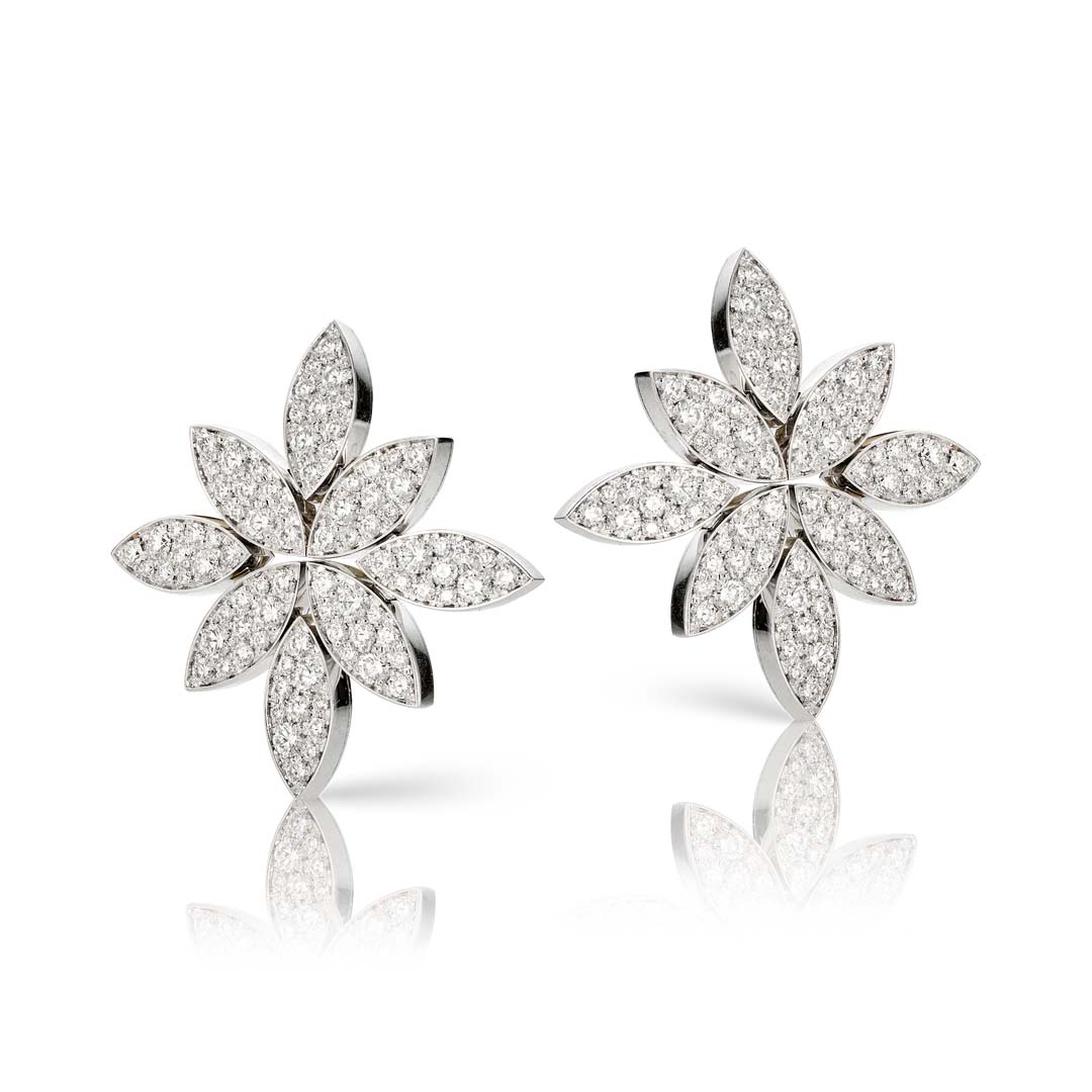 Flower-shaped diamond earrings on a white background
