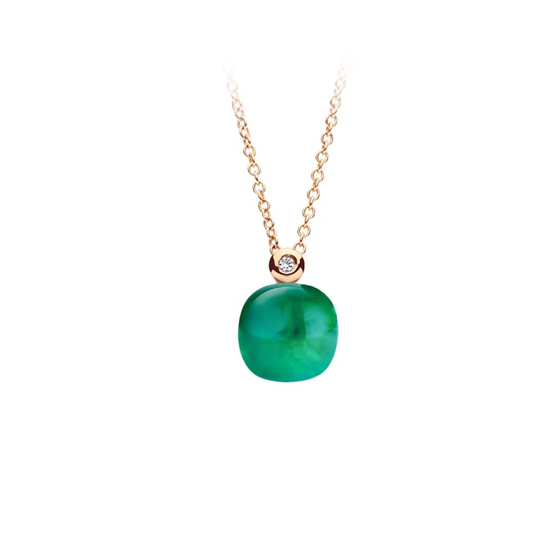 The Bigli Mini Sweety pendant small with emerald and mother of pearl pairs vibrant colour with soft iridescence in a refined design.