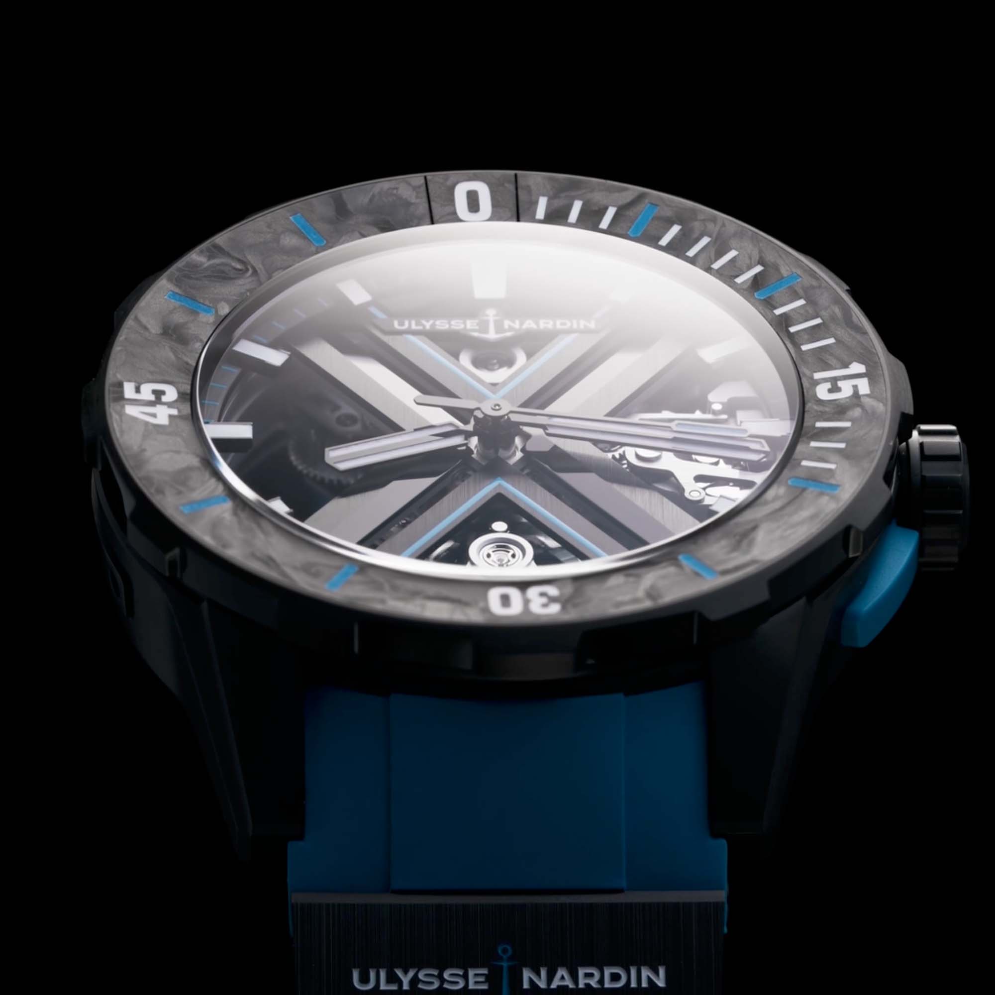 Ulysse Nardin Diver X Skeleton Azure 44mm fuses cutting-edge skeletonised mechanics with bold ocean-inspired azure detailing.