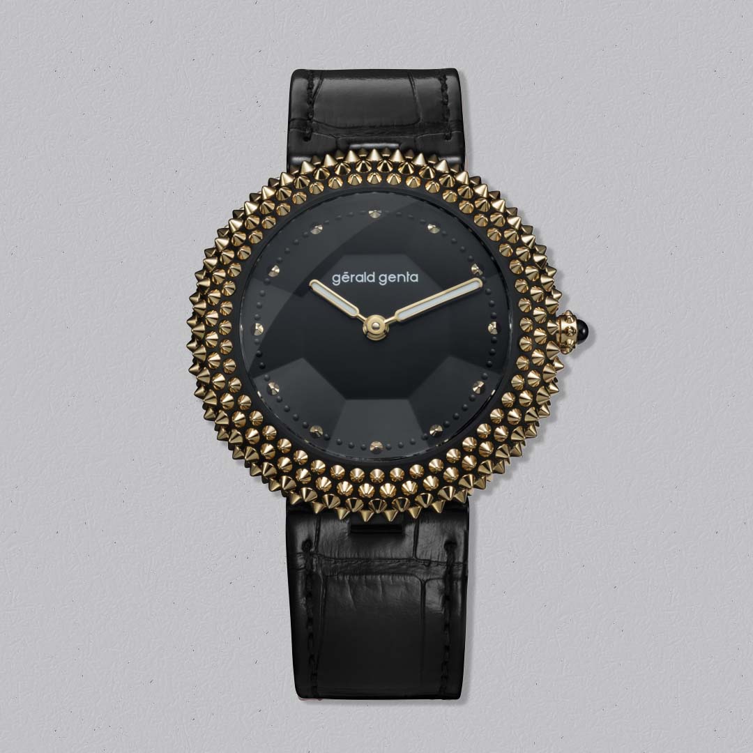 Discover the Gerald Genta Gentissima Oursin 36 Black Titanium, a contemporary Swiss luxury watch with sculptural design, available in London.