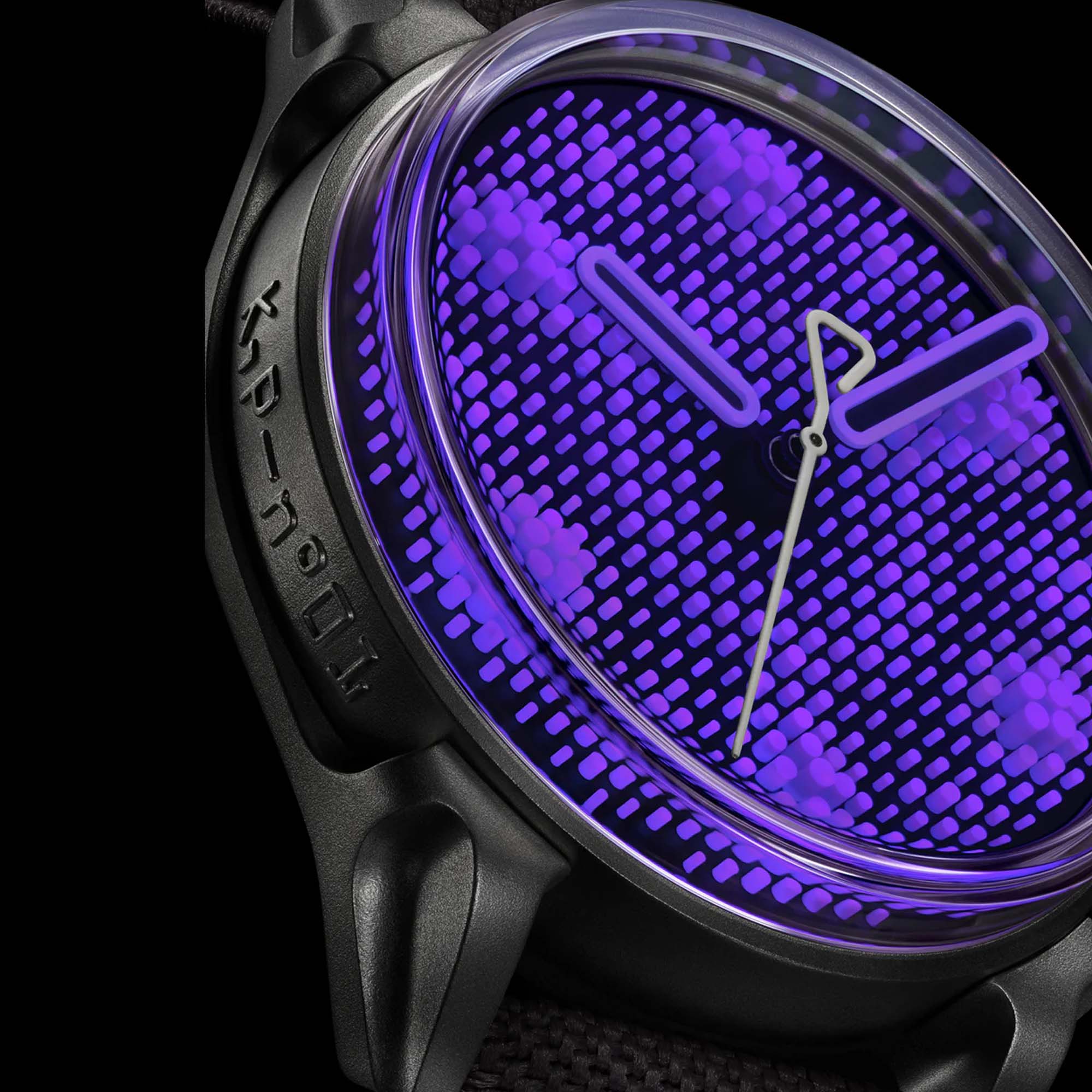 Explore the Kollokium Projekt 01 Variant F at Swiss Gallery UK, a radical watch with violet lume, hand assembled dial pins, and uncompromising industrial character.