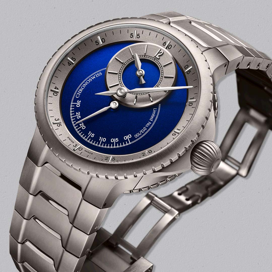 Shop the Chronoswiss Pulse One Blue at Swiss Gallery UK, a contemporary mechanical watch with integrated titanium bracelet.