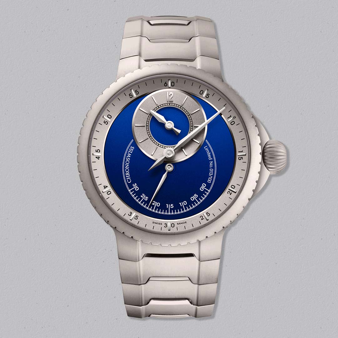 Chronoswiss Pulse One Blue in Grade 5 titanium with integrated bracelet, electric blue dial and Manufacture Calibre C.6001 regulator.