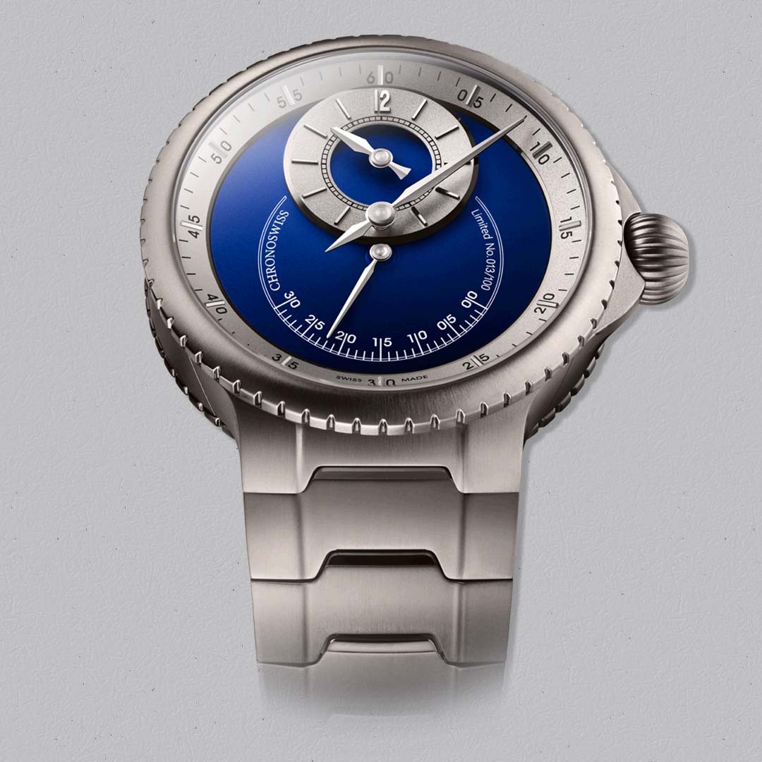 Chronoswiss Pulse One Blue, a bold Modern Mechanical timepiece powered by the C.6001 manufacture movement with electric blue dial.