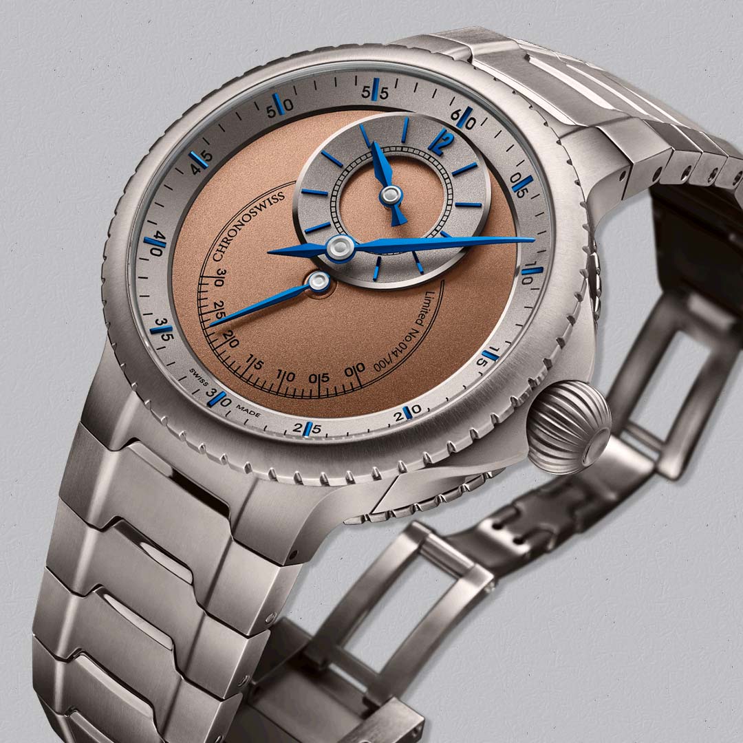 Shop the Chronoswiss Pulse One Sand at Swiss Gallery UK, a contemporary mechanical watch with integrated titanium bracelet.