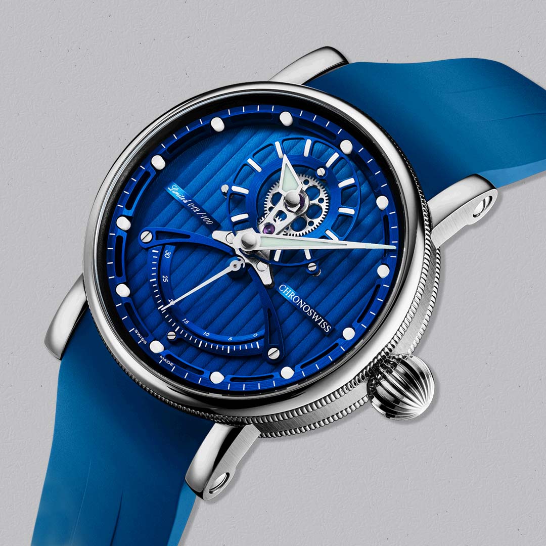 Shop the Chronoswiss ReSec Vertical Blue at Swiss Gallery UK, a contemporary regulator timepiece with architectural design.