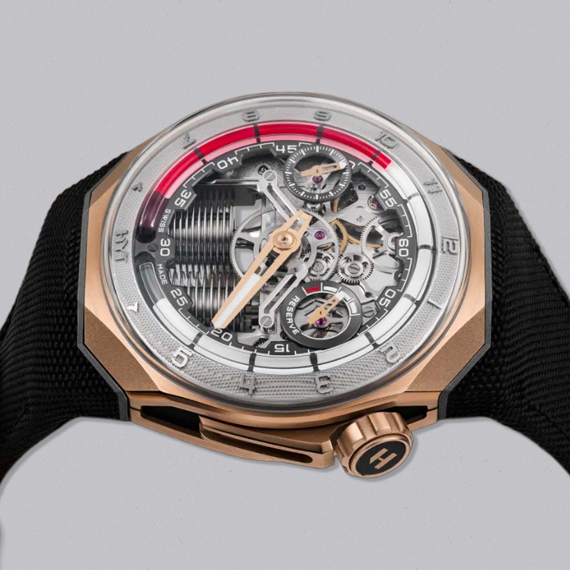 Discover the HYT S1 Series 5N Gold Titanium Red at Swiss Gallery. Liquid time display, avant-garde style, and 5N gold elegance in one bold creation.