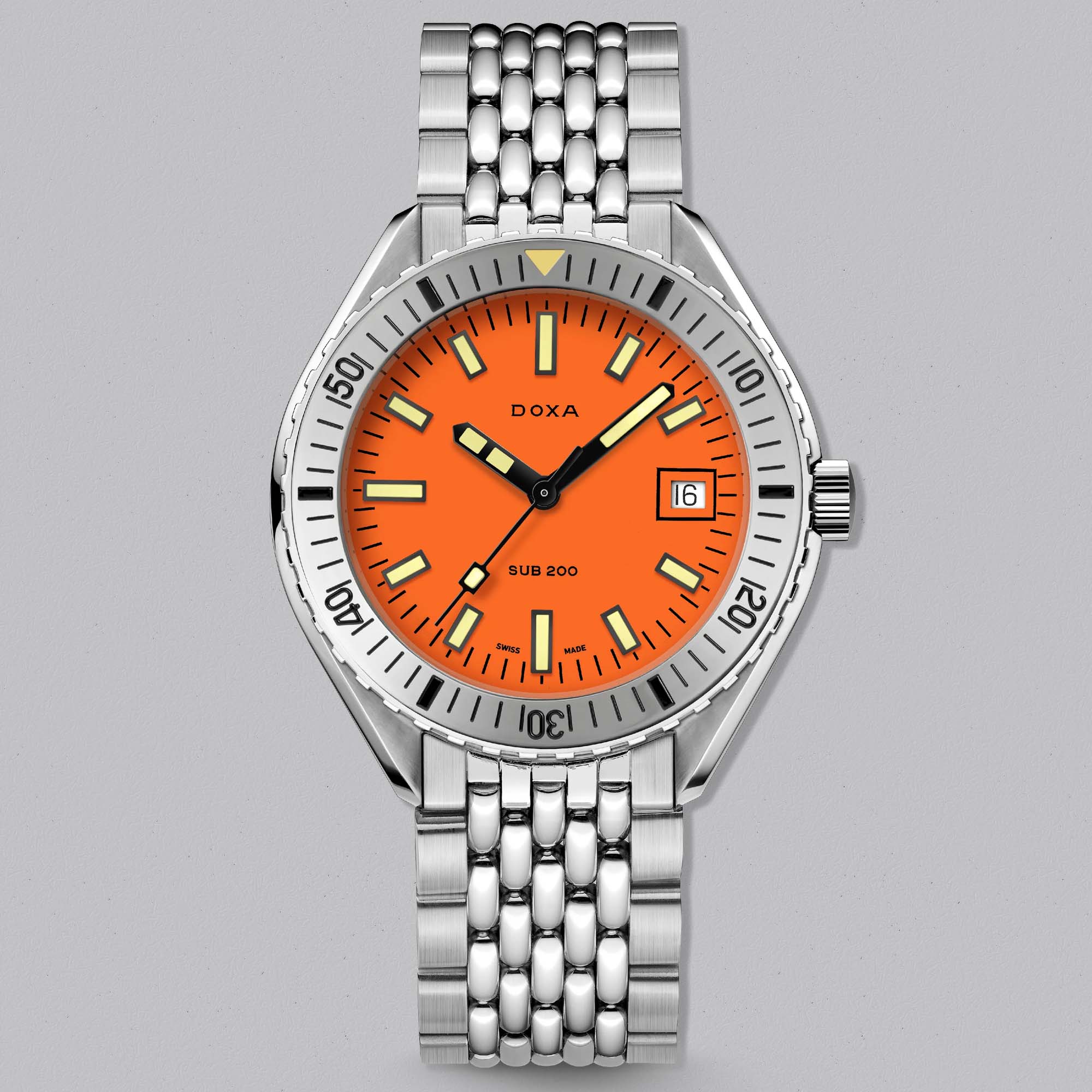 Explore the Doxa SUB 200 Professional with stainless steel bezel and bracelet. A Swiss automatic dive watch inspired by Doxa’s iconic heritage.