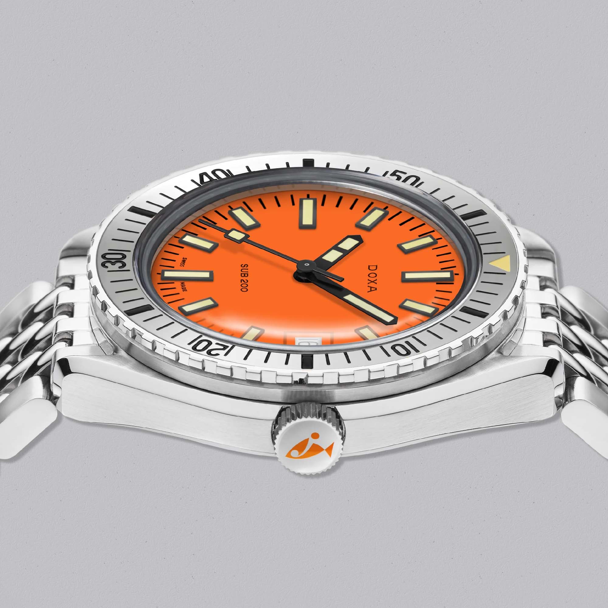 Shop the Doxa SUB 200 Professional dive watch featuring a stainless steel bezel, steel bracelet, and Swiss automatic movement built for daily wear.