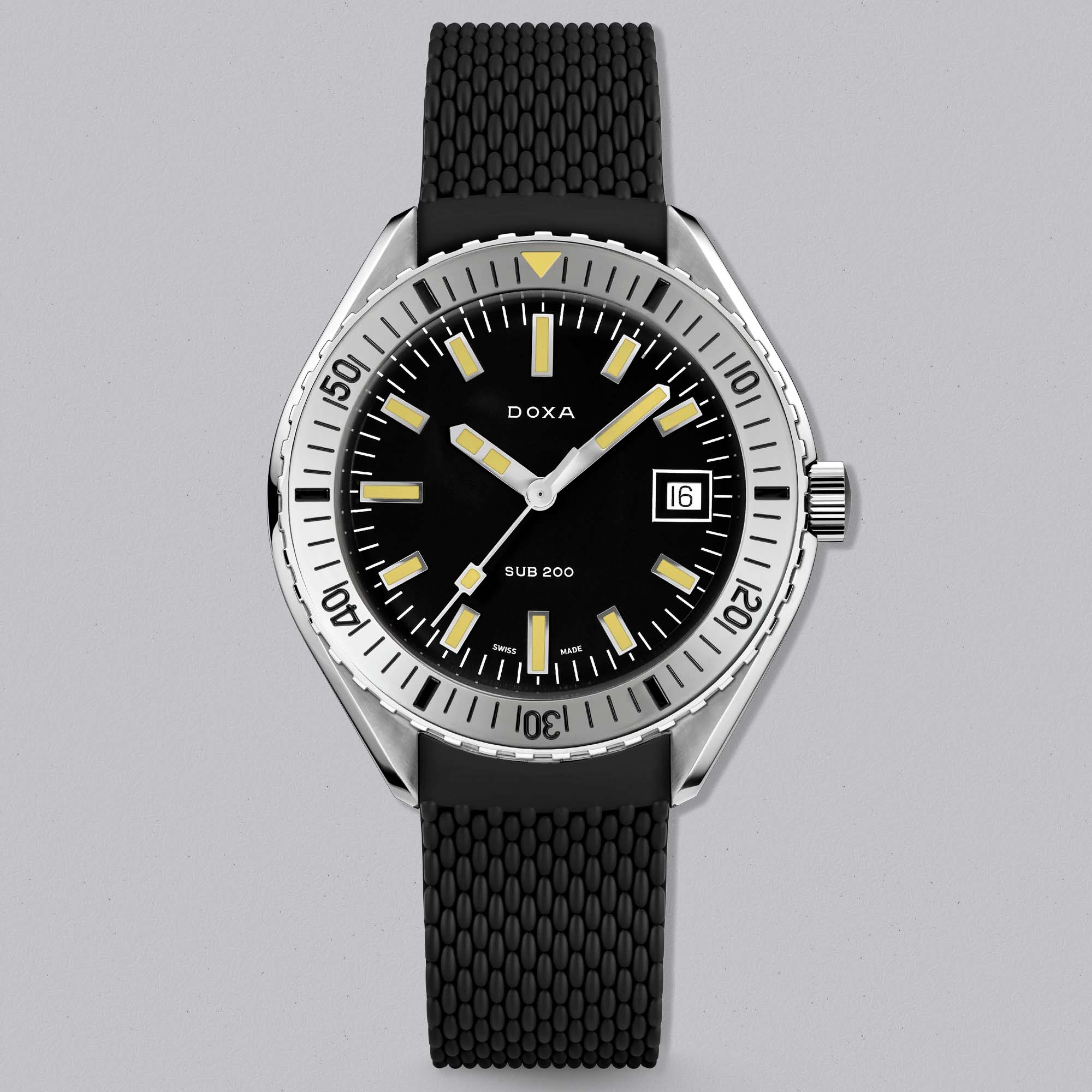 DOXA SUB 200 Sharkhunter, a Swiss automatic dive watch defined by its monochrome dial and timeless tool watch character.