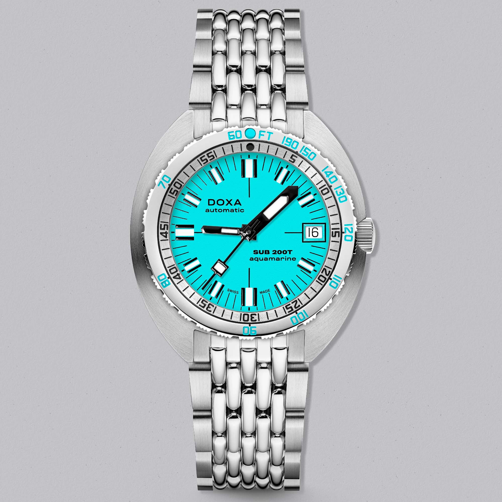 The Doxa SUB 200T Aquamarine features a fresh blue dial, compact dive watch proportions, 200m water resistance, and robust Swiss automatic performance.