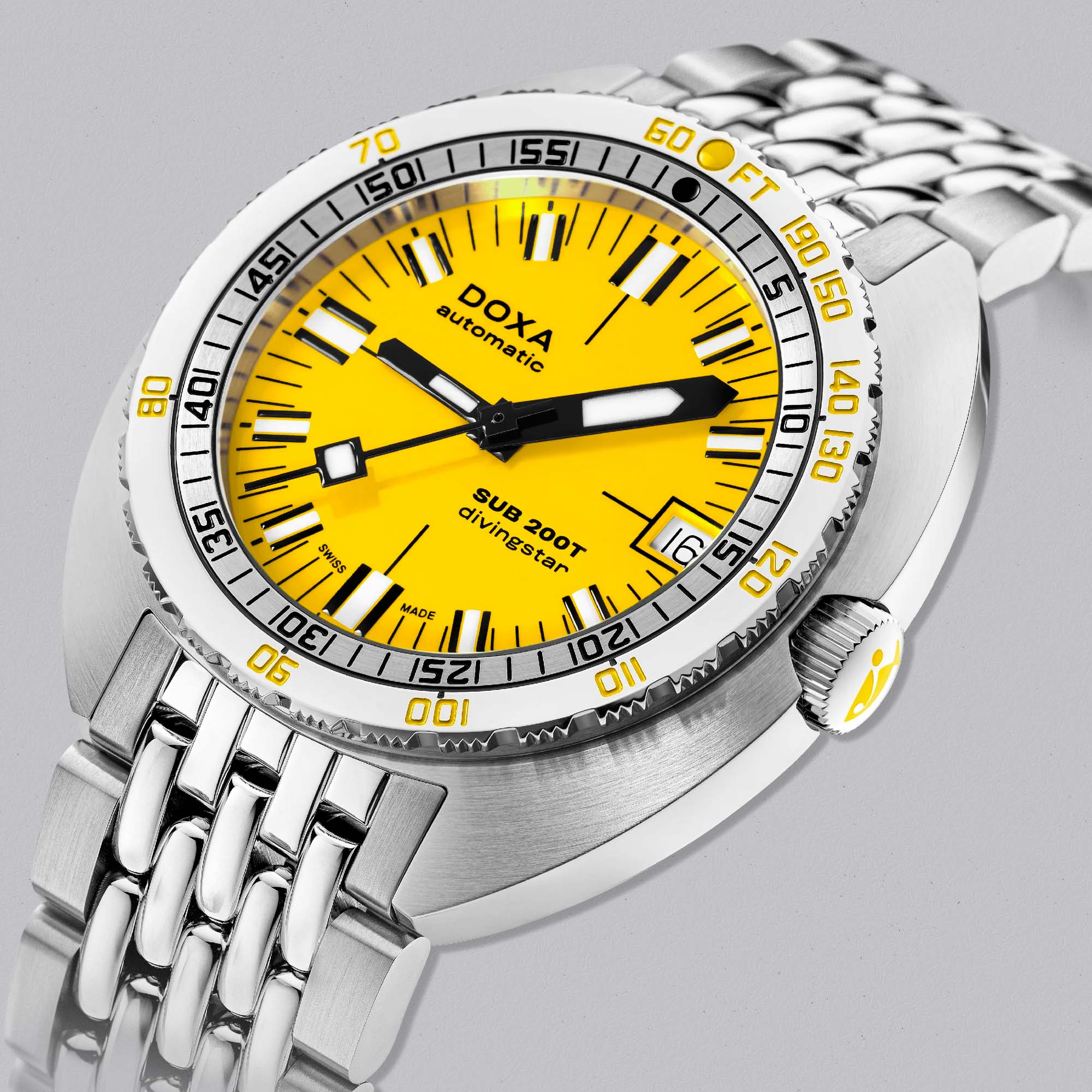 Discover the DOXA SUB 200T Divingstar, combining Swiss automatic engineering with high visibility design and serious dive capability.