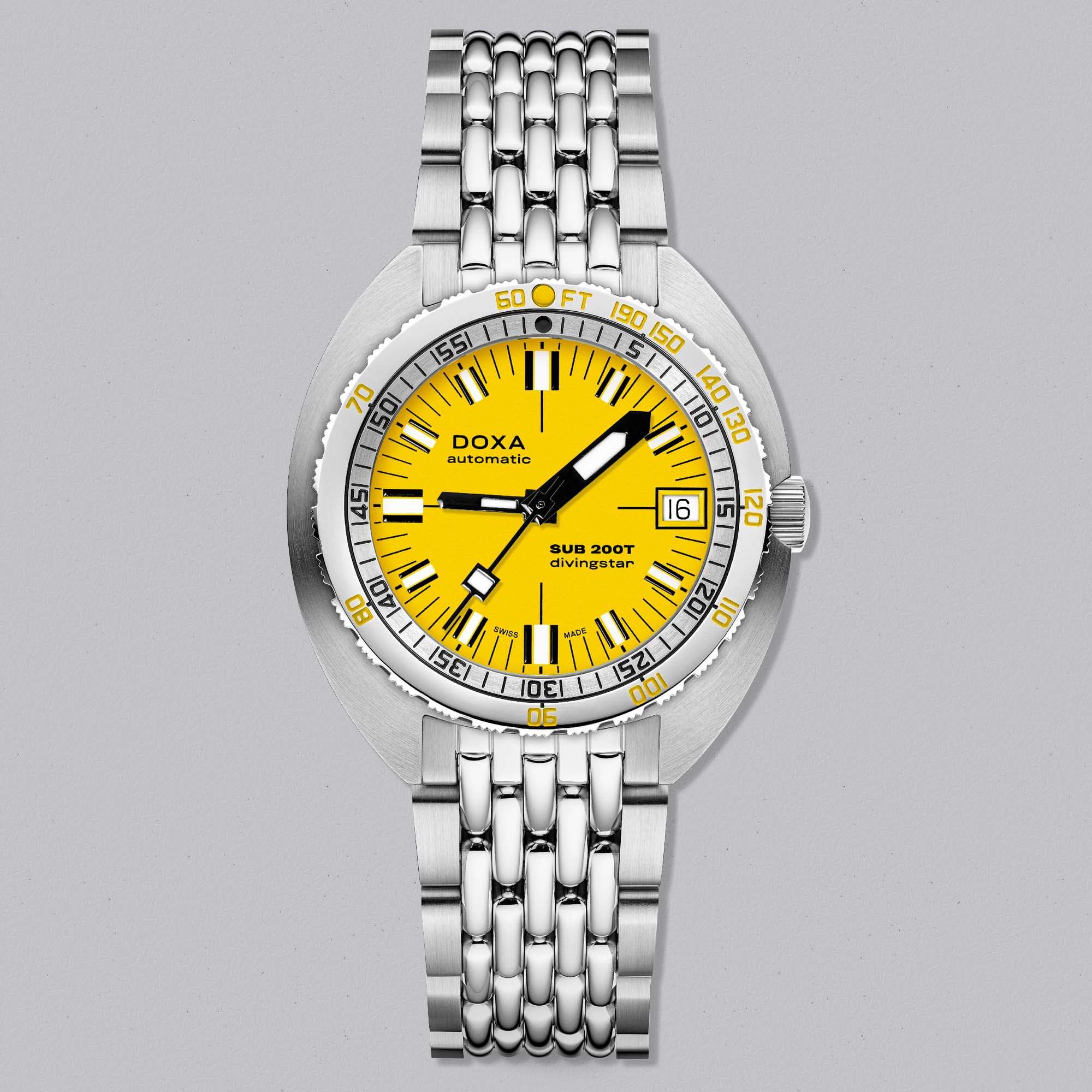 DOXA SUB 200T Divingstar, a professional Swiss dive watch defined by its iconic yellow dial, robust construction, and underwater performance.