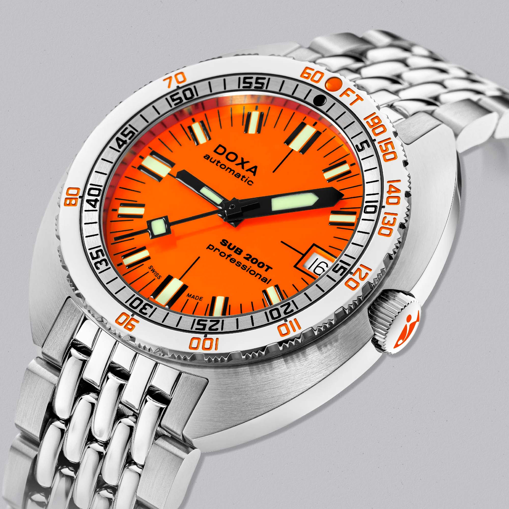 Discover the DOXA SUB 200T Professional, combining robust Swiss engineering with high visibility design for serious diving.