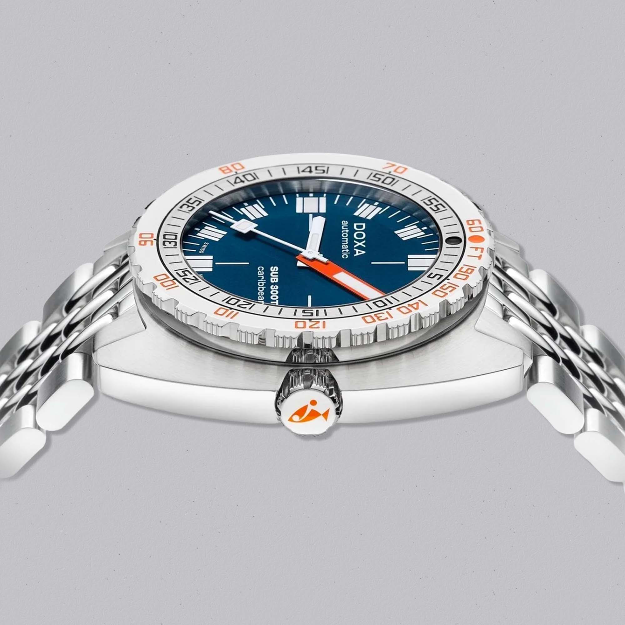 A legend of professional diving, the Doxa SUB 300T Caribbean delivers bold legibility, a cushion case design, and proven reliability both above and below the surface.