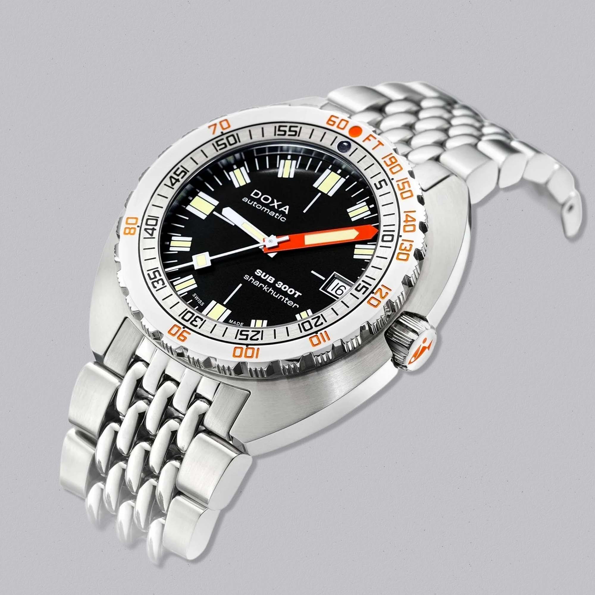 Explore the DOXA SUB 300T Sharkhunter with 1,200m depth rating, black dial, and iconic cushion case — a professional Swiss dive watch legend.
