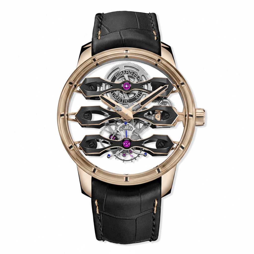 Discover the Girard-Perregaux Tourbillon with Three Flying Bridges 99296-52-3434-5CC—a horological sculpture in rose gold. Transparent architecture and a gravity-defying tourbillon redefine mechanical artistry.
