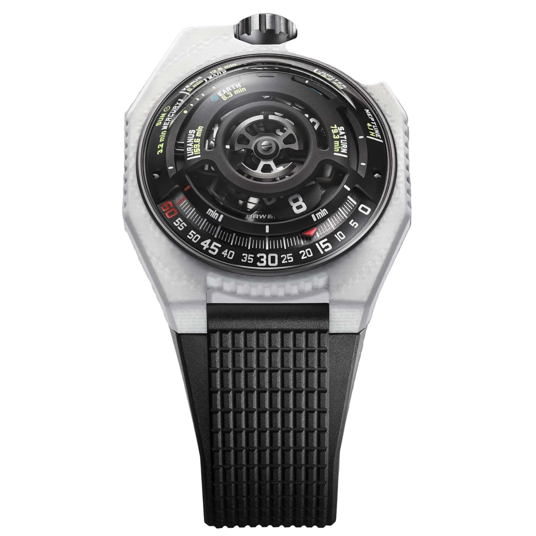 URWERK UR-100V LightSpeed Ceramic in proprietary white ceramic composite. A conceptual satellite hour watch limited to just 15 pieces.