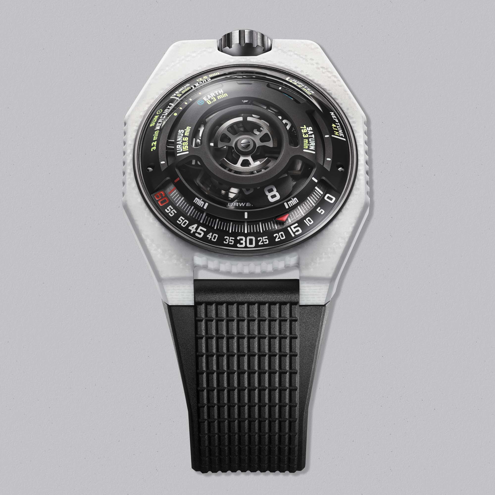 URWERK UR-100V LightSpeed Ceramic in proprietary white ceramic composite. A conceptual satellite hour watch limited to just 15 pieces.