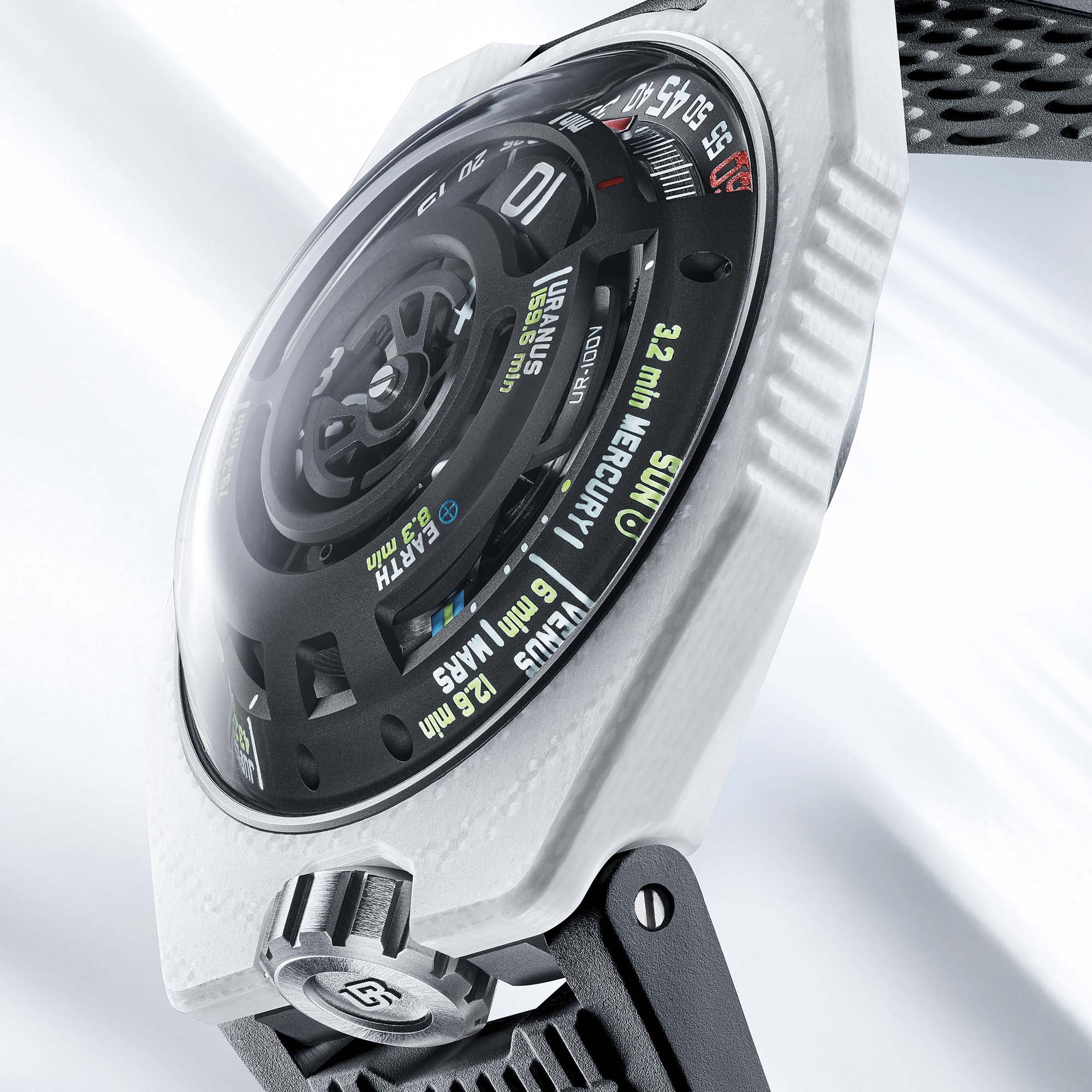 The UR-100V LightSpeed Ceramic features satellite hours, planetary light-travel display, and URWERK’s proprietary ceramic composite case.