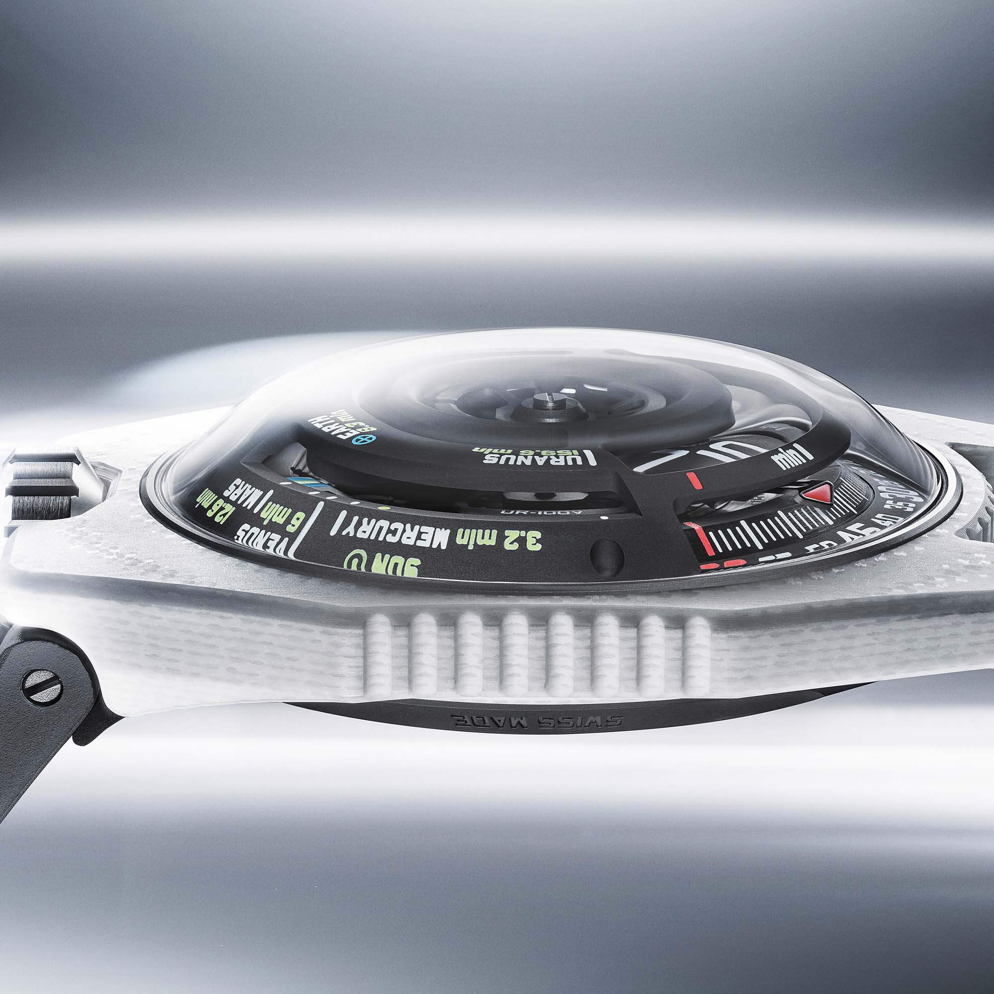 Explore the URWERK UR-100V LightSpeed Ceramic. White ceramic composite case, cosmic time display, and extreme independent rarity.