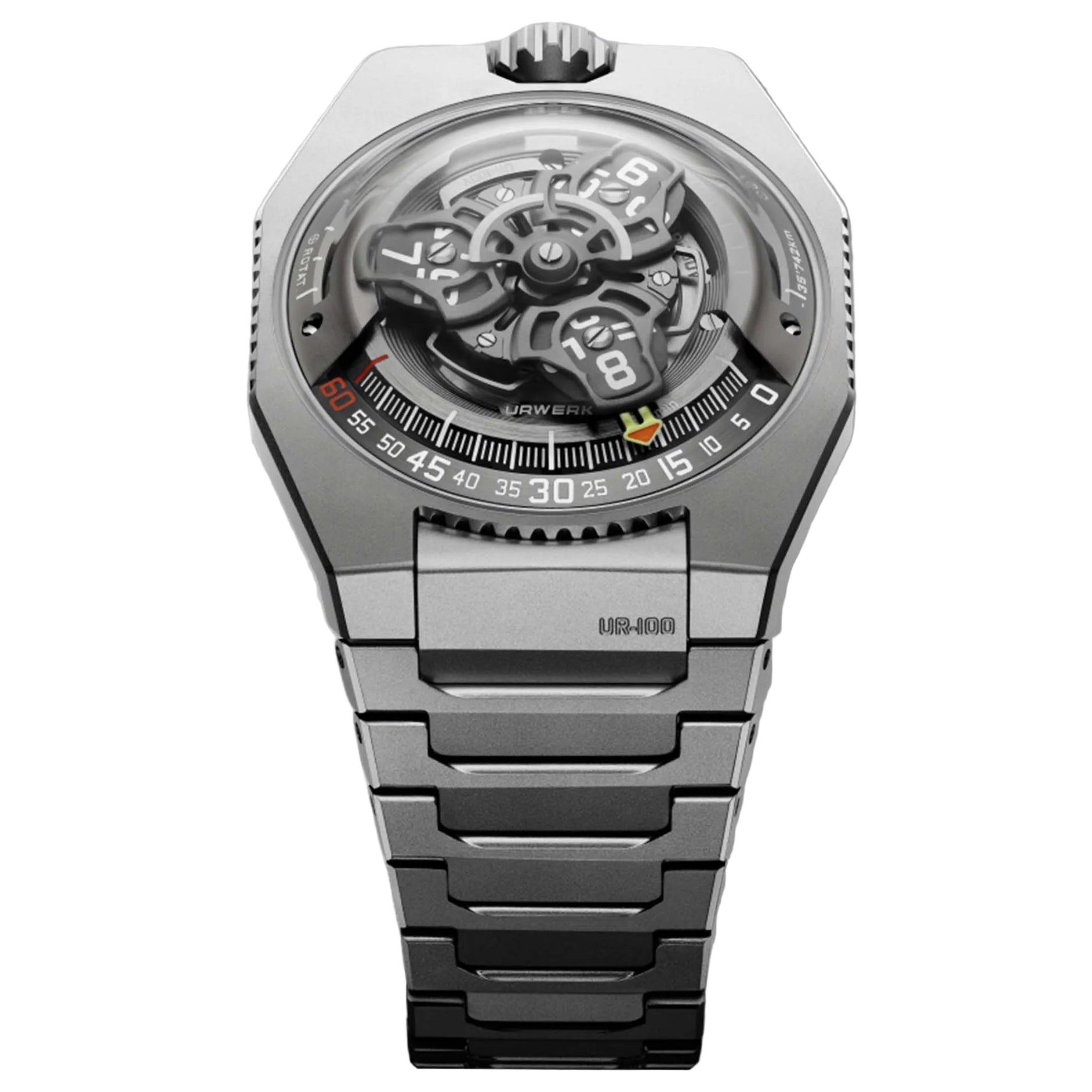 Discover the URWERK UR 100V Magic T in titanium, featuring wandering hours, planetary distance indicators, and a fully integrated titanium bracelet. Available at Swiss Gallery UK.
